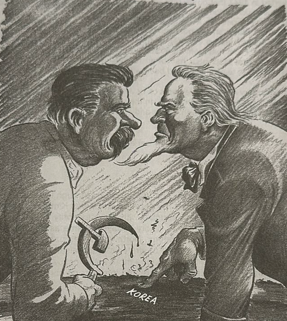 Two men in suits face off with intense expressions, one holding a hammer and sickle. "Korea" is labeled on the ground between them.
