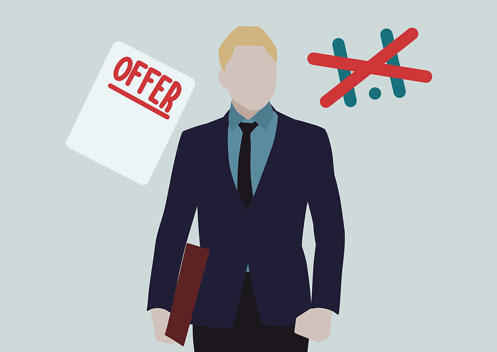 Lawyer in suit holding a folder with a "OFFER" paper and crossed-out text nearby. Muted color scheme on light background.