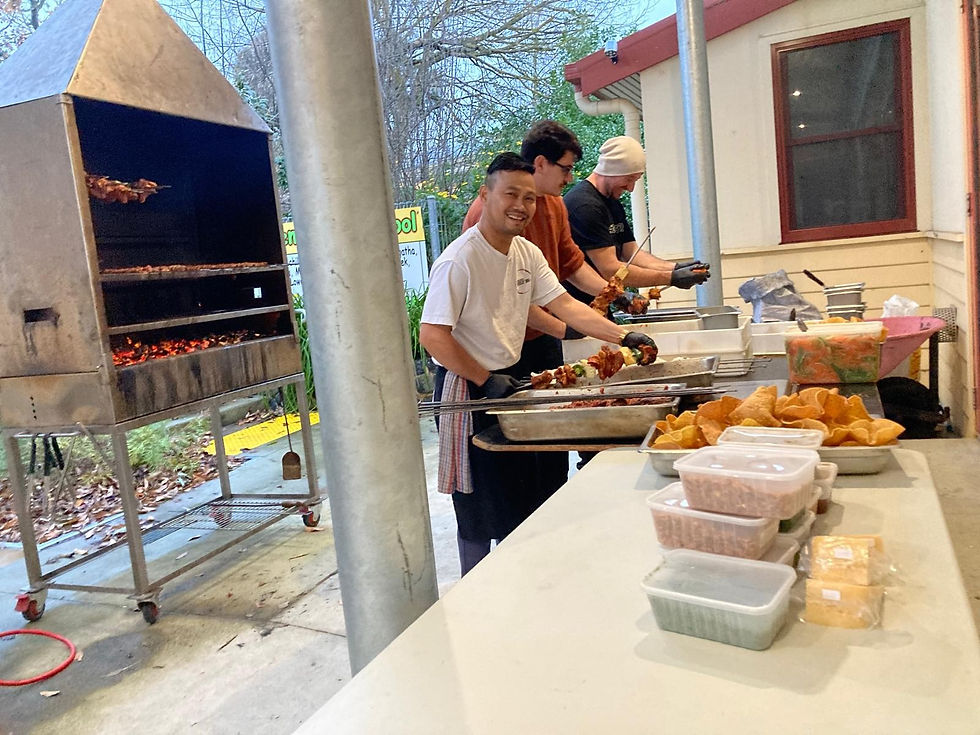 Behind the scenes with Woody! Prepping a massive feast for 120 generous locals—right before turning around to run his own restaurant's breakfast shift the next morning. We are so grateful for this incredible effort Woody and Thida!