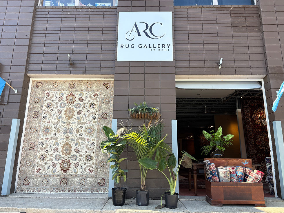 ARC Rug Gallery by Kami storefront with hanging rug display, potted plants, and colorful rolled rugs outside a dark brick building