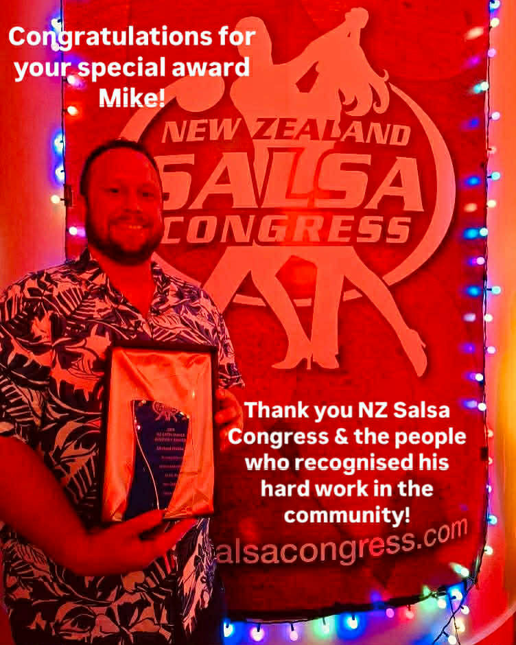 Mike Hobbs winning the Latin Dance Industry Award for his service to the NZ Latin Dance community