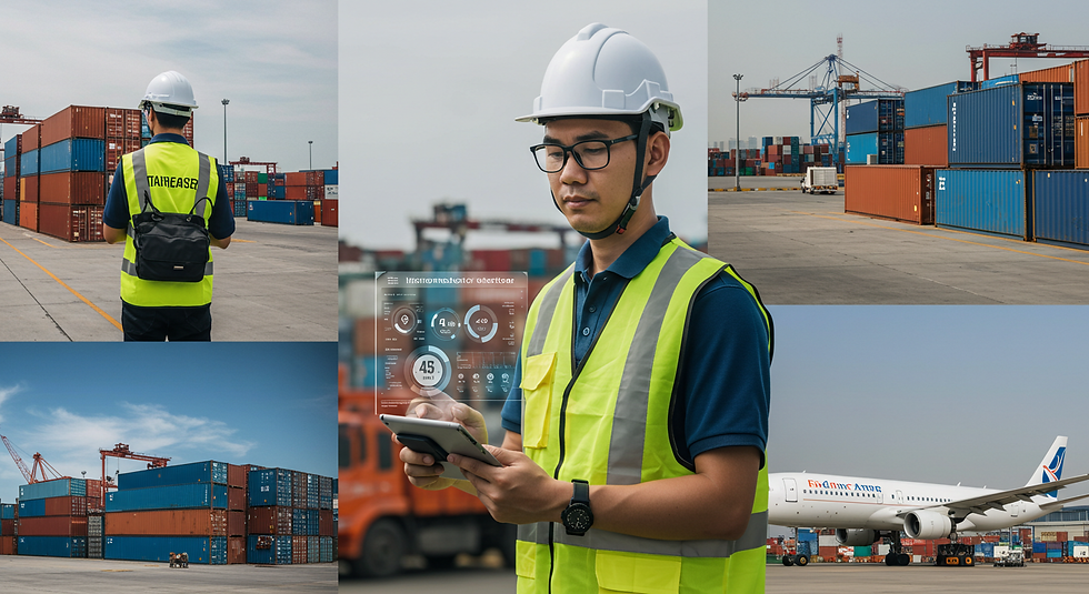 Managers logísticos en puertos, aeropuertos, gestionando cargos en tránsito