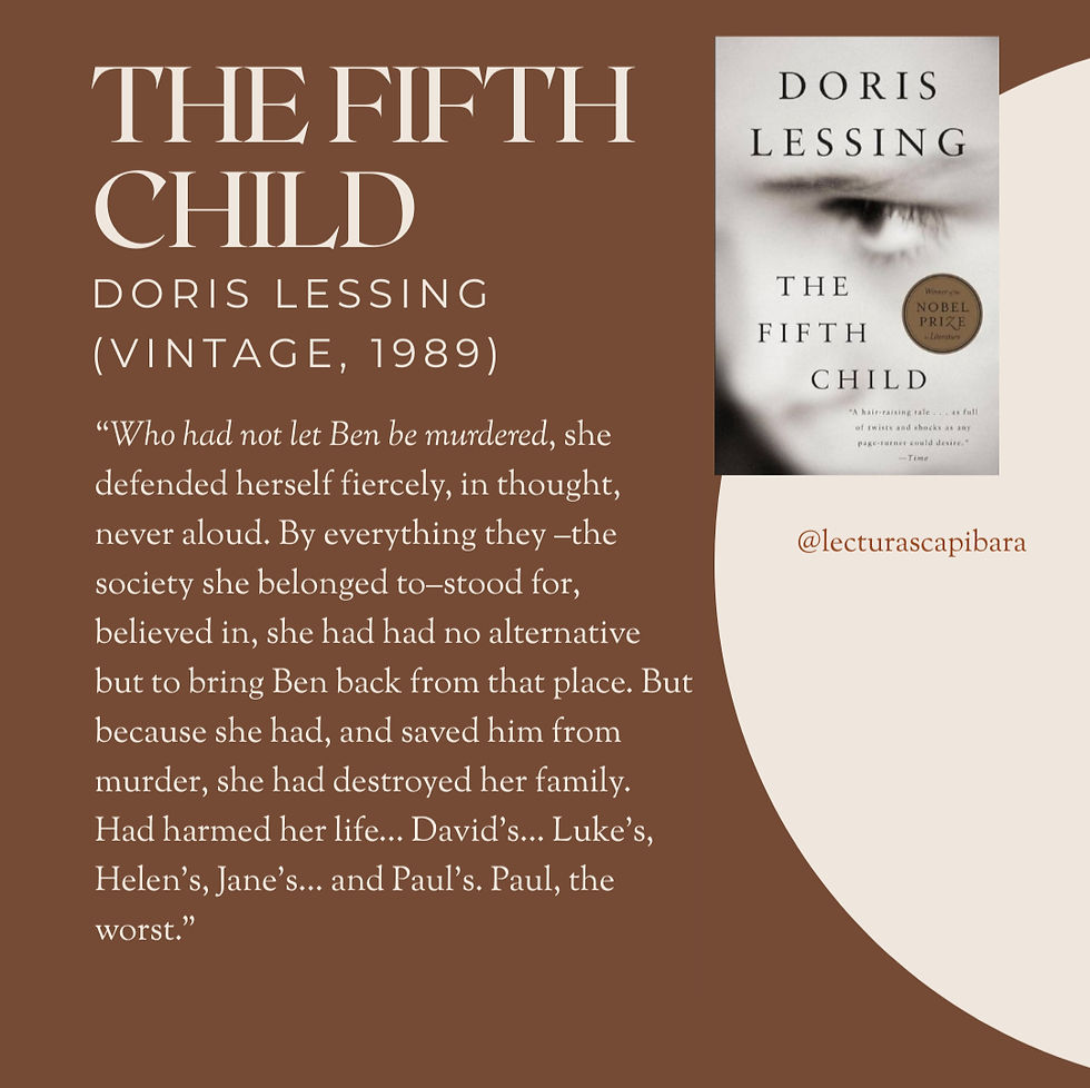 Diseño gráfico del libro The Fifth Child de Doris Lessing (1989) con portada original, cita de la novela sobre Ben y branding de Lecturas Capibara.