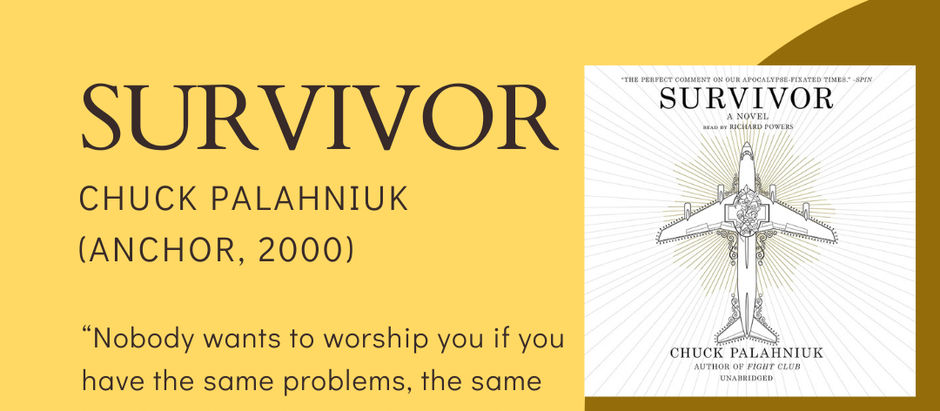 Banner del libro Survivor de Chuck Palahniuk (Anchor, 2000) con fondo amarillo, el título en tipografía grande, una cita de la novela y la portada del libro a la derecha mostrando un avión estilizado con un símbolo religioso en el centro.