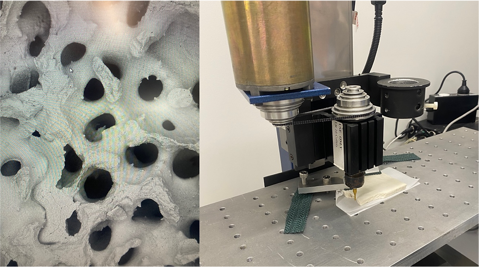 Microscope image showing the internal pore structure of fossilised coral examined for signs of diagenesis (left), and the endmill used to grind fossilised coral samples into powder for subsequent palaeoclimate analysis (right).
