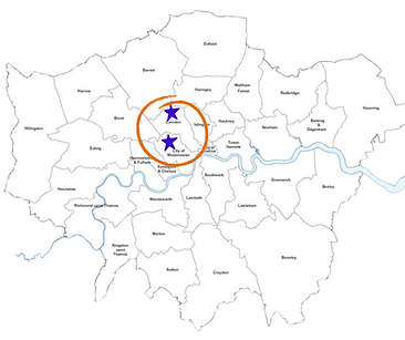 Map of London showing Westminster and Camden Boroughs