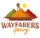 Wayfarer's Spicery Logo - A mountaineer climbing a mountain of spices in a spice mountain range with the sun rising behind.