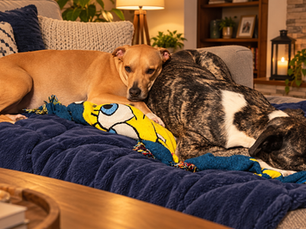 Rescue dogs find comfort and confidence cuddling together on a cozy couch, embodying warmth and companionship.