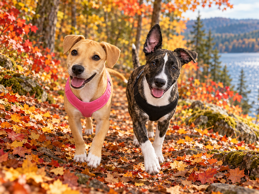 Dogs walking in leaves along the Lake Erie Shoreline
