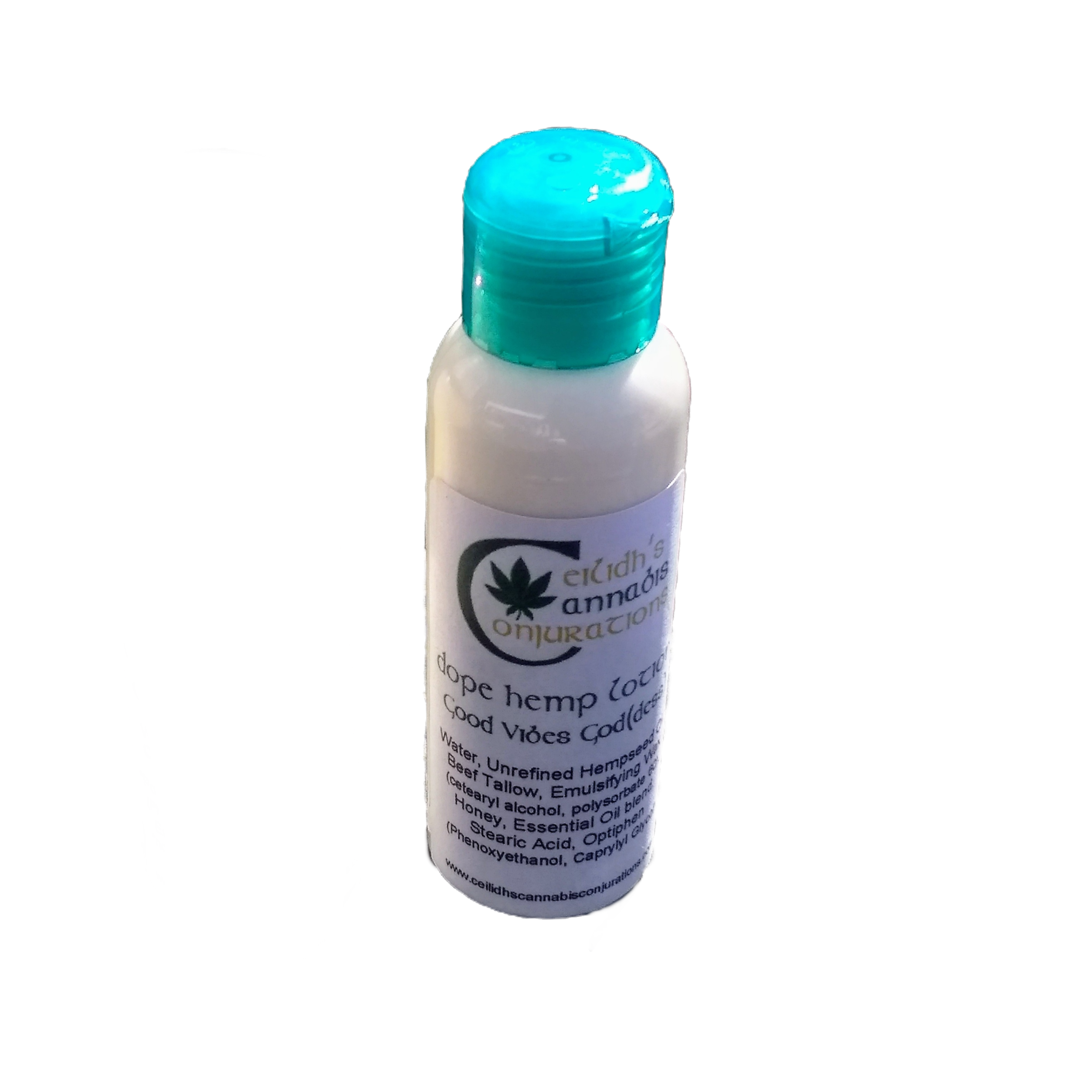 Top down angle photo of Dope Hemp Lotion: Good Vibes God(dess).  A clear 3.5 ounce bottle with a translucent light blue cap.