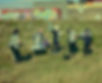 A group fo teenagers are caught mid-action in the long grass. It's bright and they are smiling, reaching. Some are wrapped in foil dresses or headwraps, some have arms outstretched holding long grey plastic. They are all positioning thier bodies towards a large virtual reality camera.