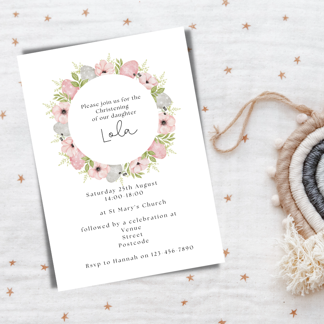 Floral Wreath Christening Invitation