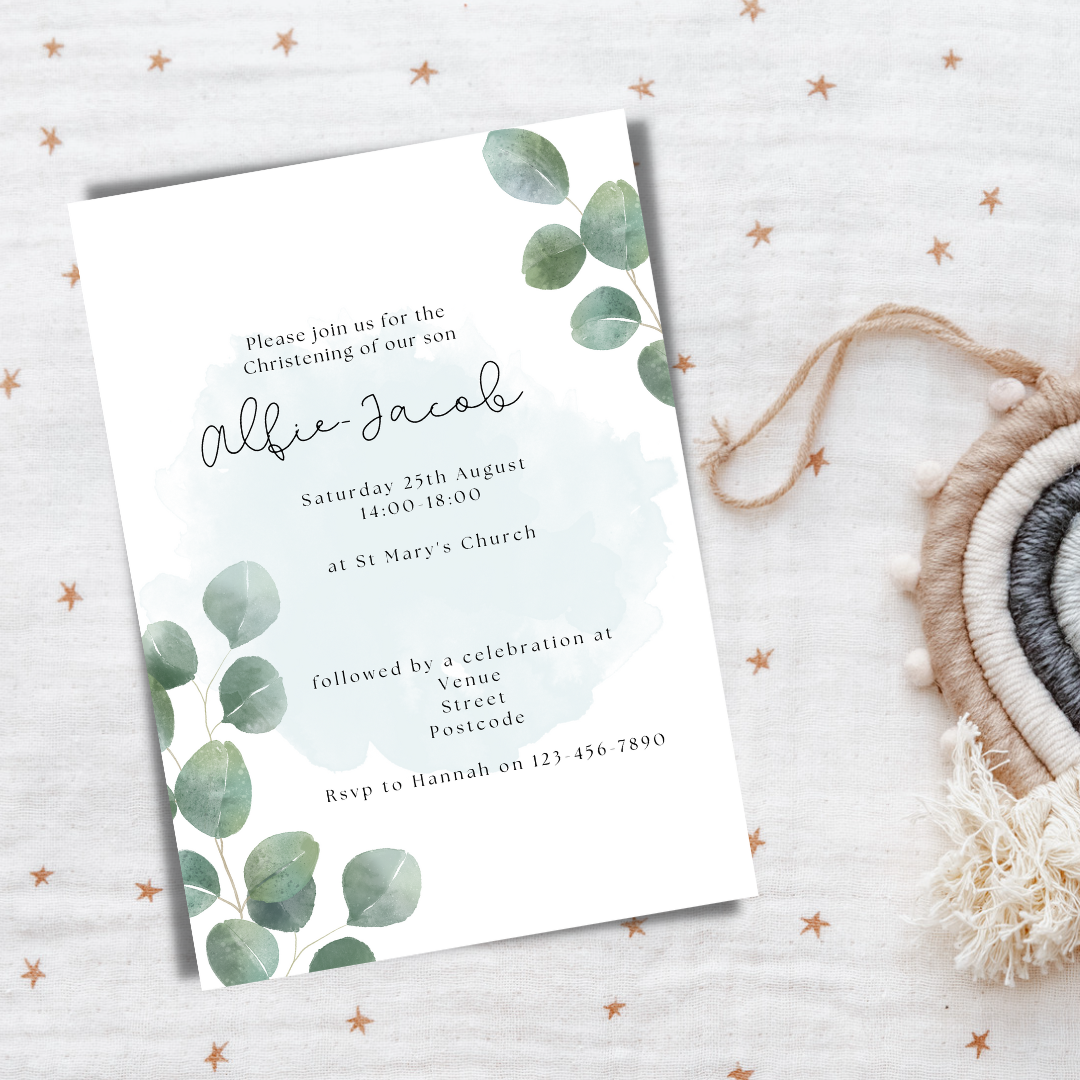 Mint Splash Christening Invitation