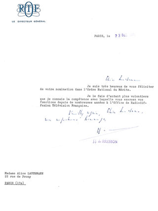 Lettre de la Direction de l'ORTF à Alys