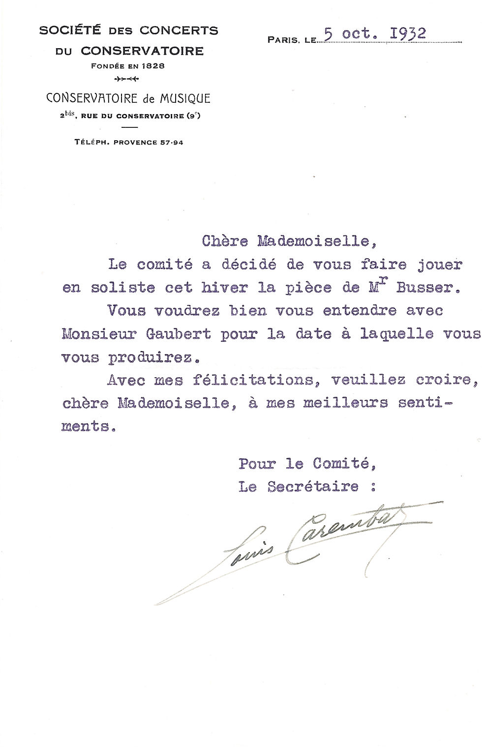 Lettre du Conservatoire de Musique à Alys