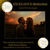 Couple kissing at sunset with text: Excellence, Lydia Suarez Zeinsson. OLAF STUDIO