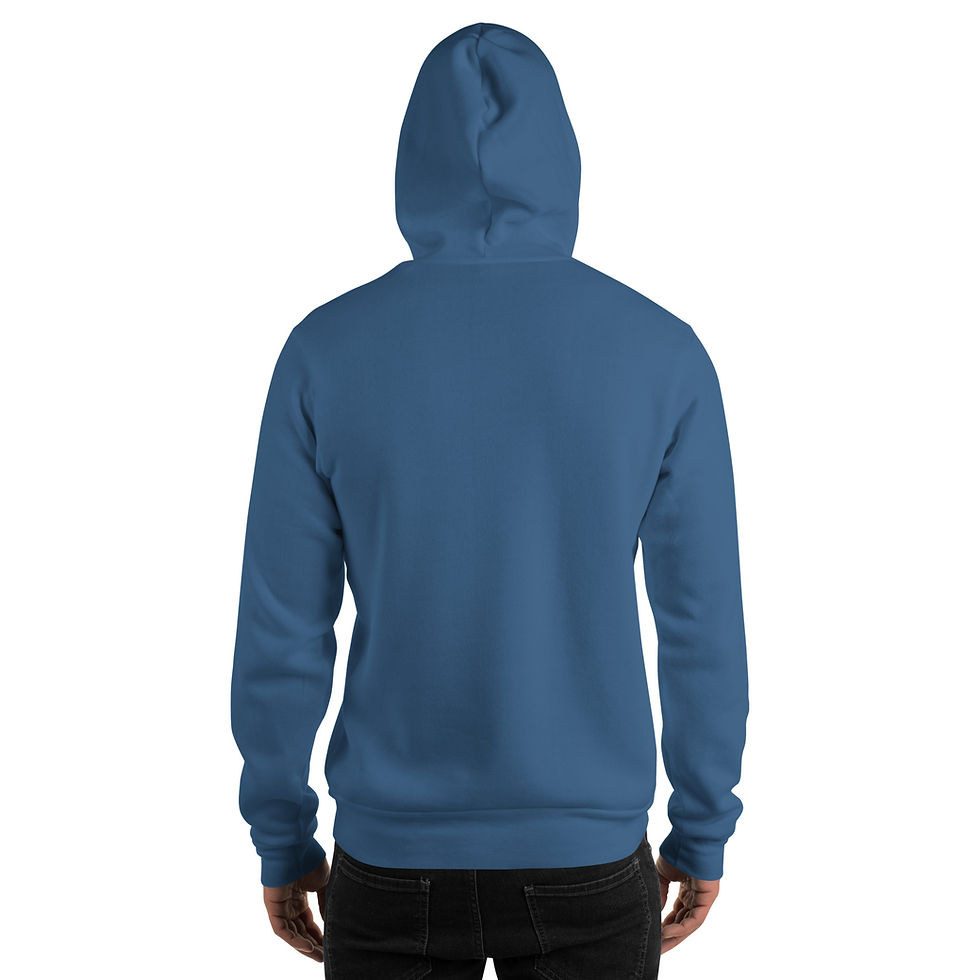 Thumbnail: Back view of a person wearing a blue hooded sweatshirt.