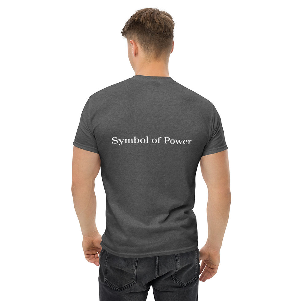 Thumbnail: Back of a man wearing a grey Symbol of Power t-shirt