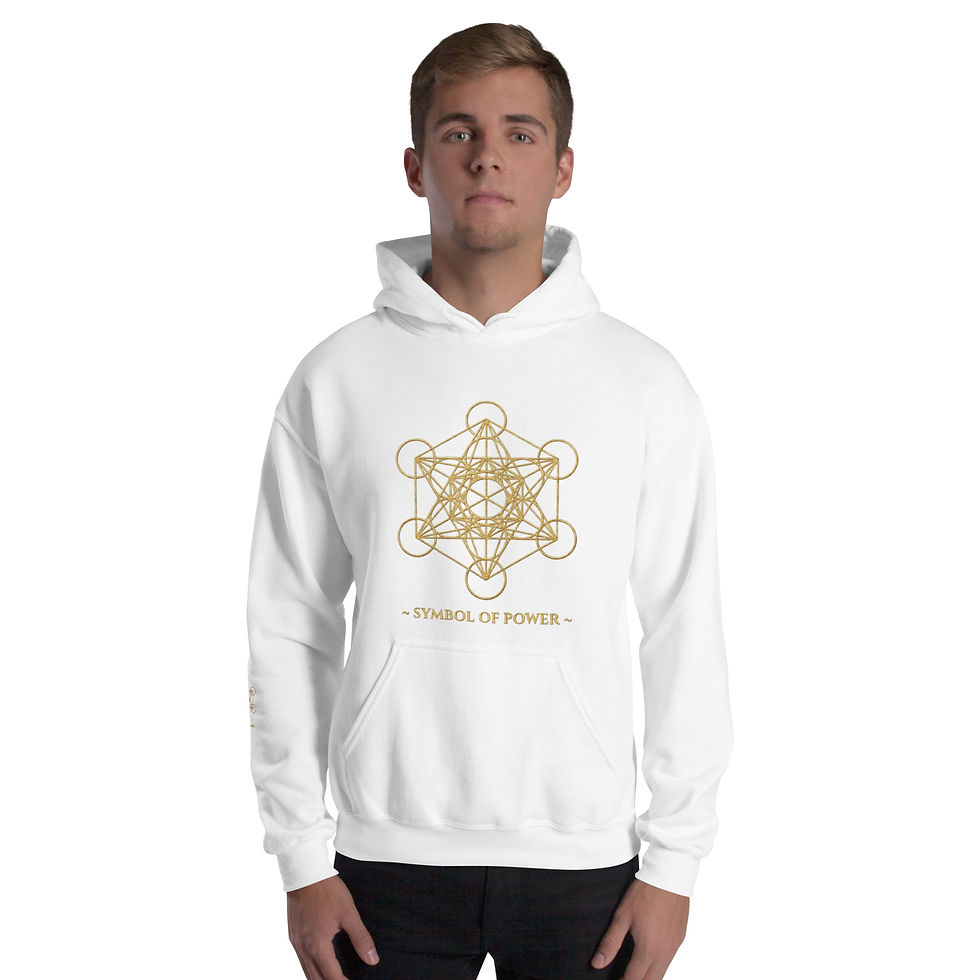 Thumbnail: Man wearing white Metatrons Cube symbol hoodie