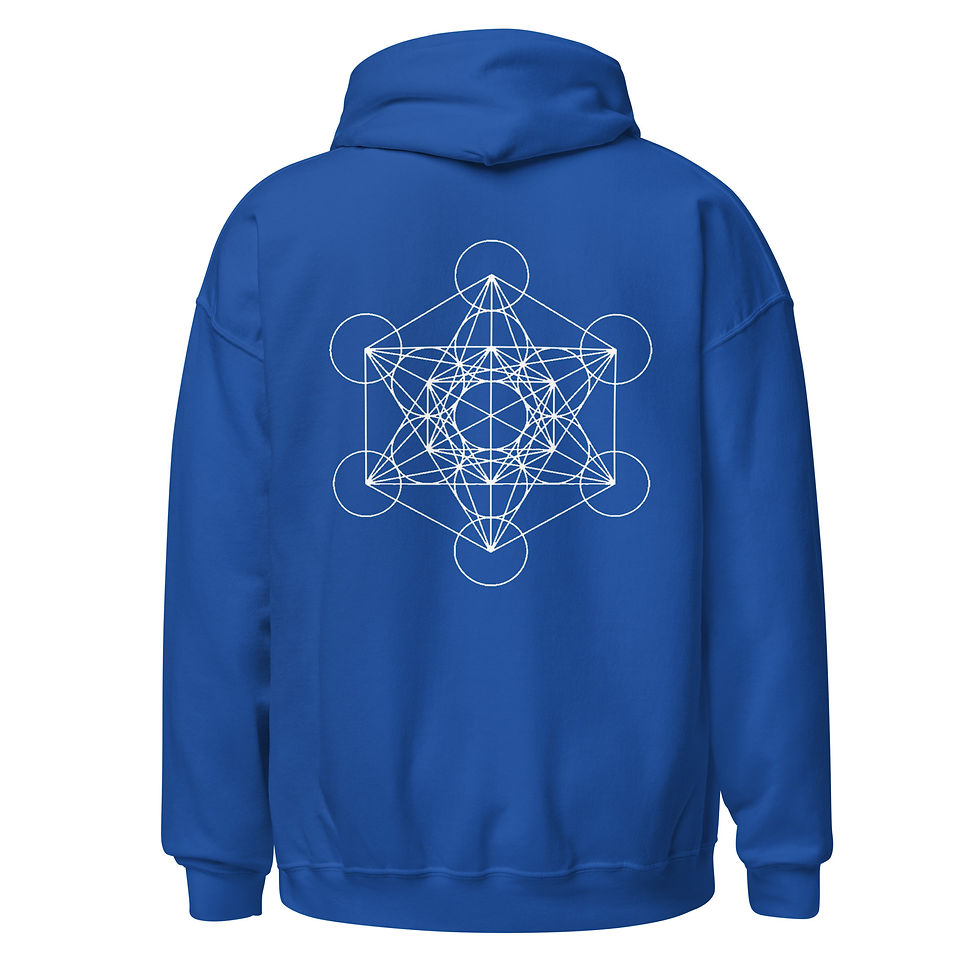 Thumbnail: Back of a blue hoodie with white Metatron's Cube design