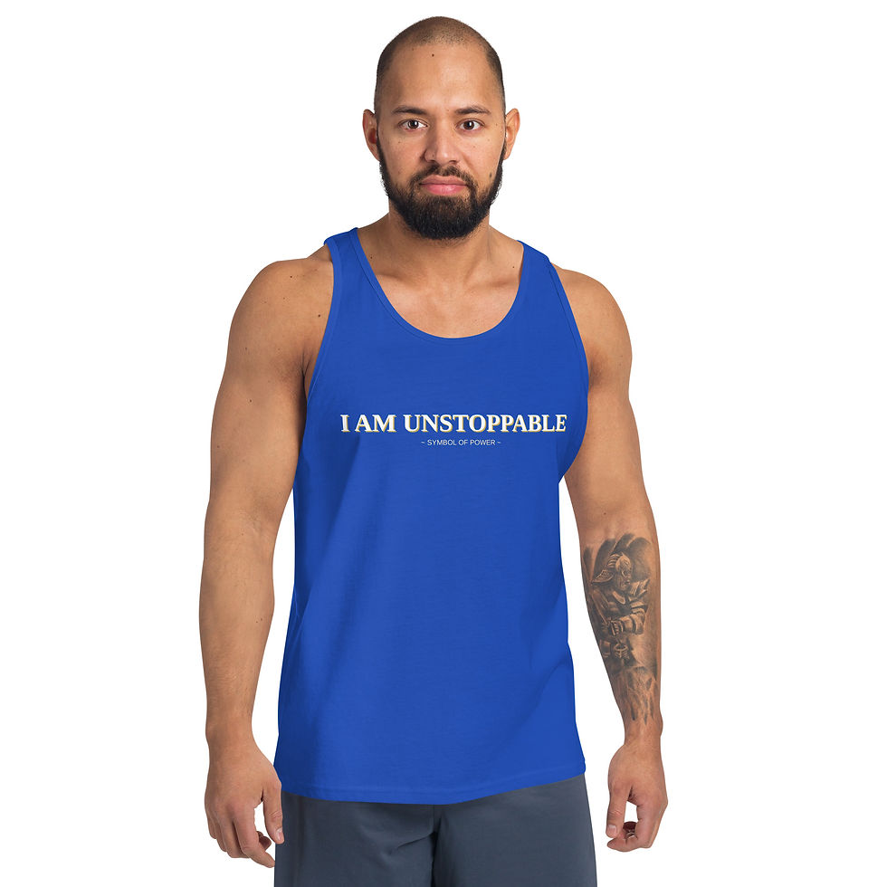 Thumbnail: Man in a blue tank top with I Am Unstoppable text