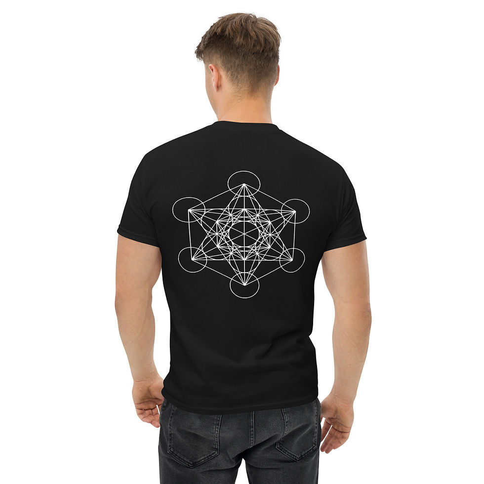Back of a black t-shirt with a white Metatron's Cube design.
