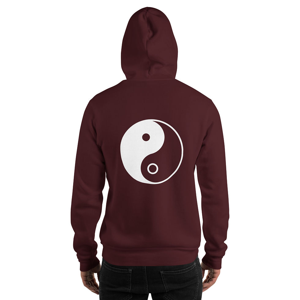 Thumbnail: Back of maroon unisex hoodie with white yin yang symbol