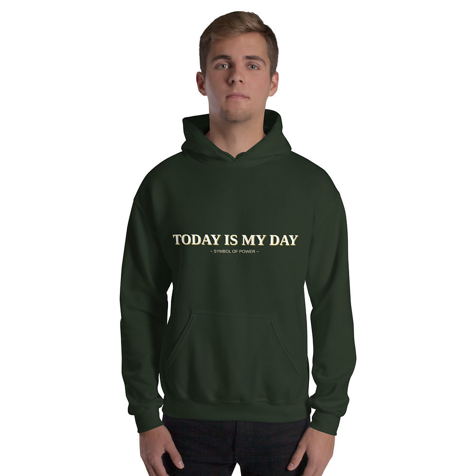 Thumbnail: Man wearing a forest green TODAY IS MY DAY unisex hoodie