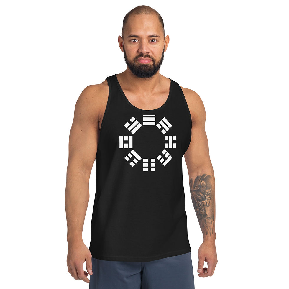 Thumbnail: Man wearing 3-6-9 LINES unisex tank top with circular design.
