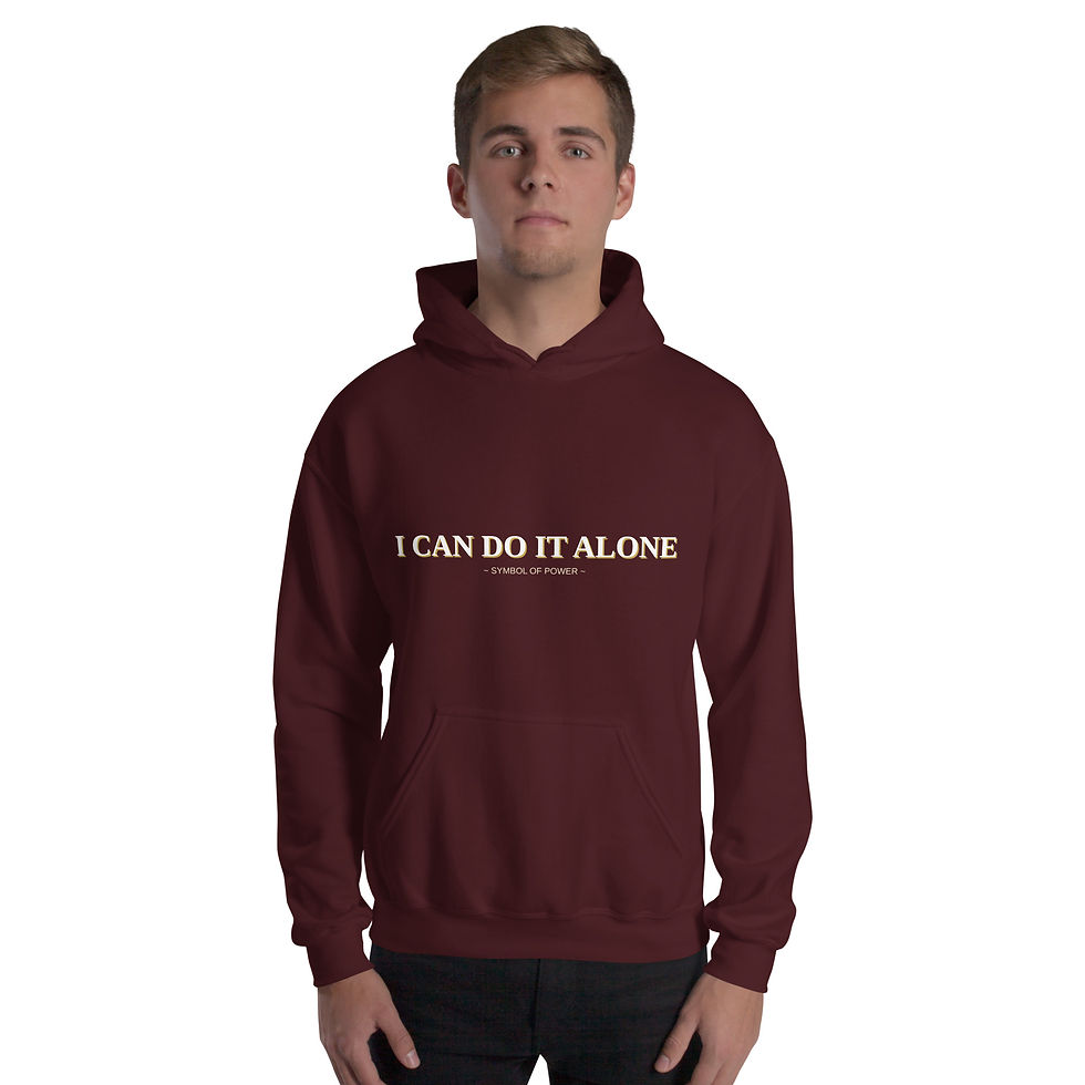 Thumbnail: Man wearing I CAN DO IT ALONE maroon unisex hoodie
