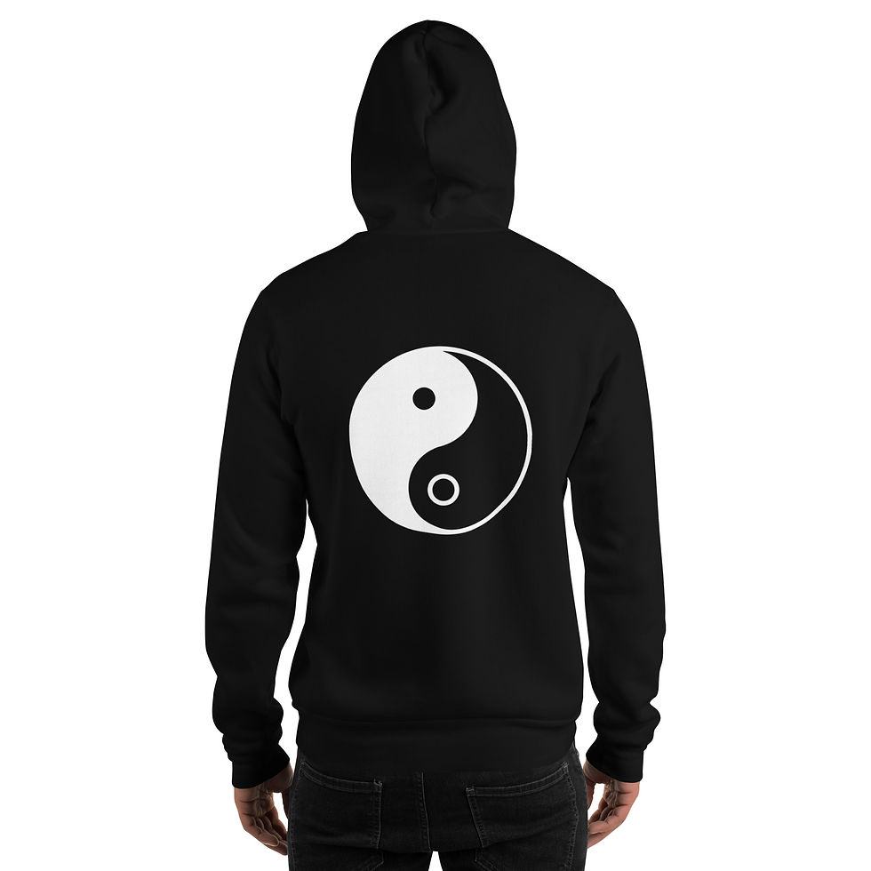 Thumbnail: Back view of black unisex hoodie with white yin yang symbol