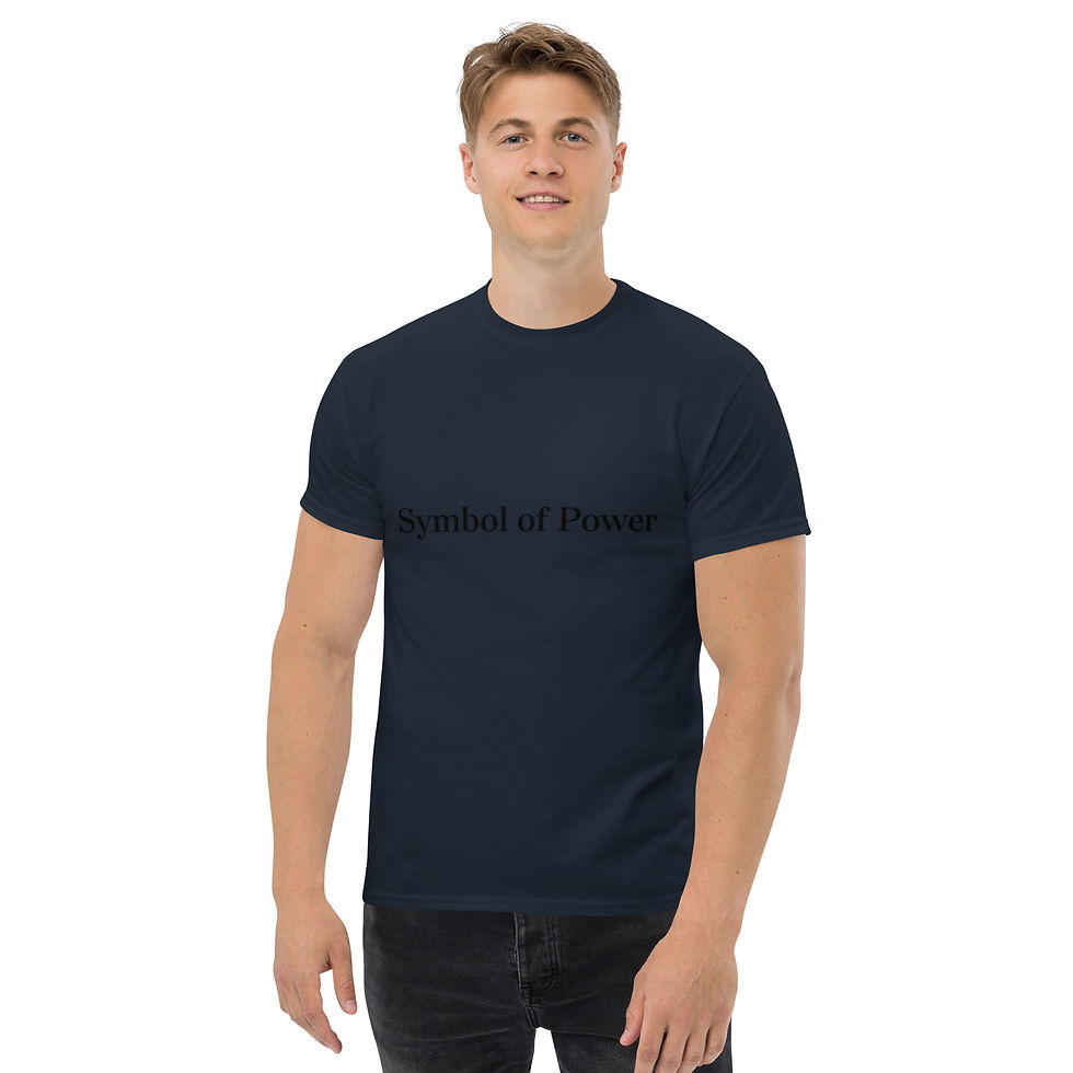 Thumbnail: Man wearing the 3-6-9- LINES unisex classic tee in navy.