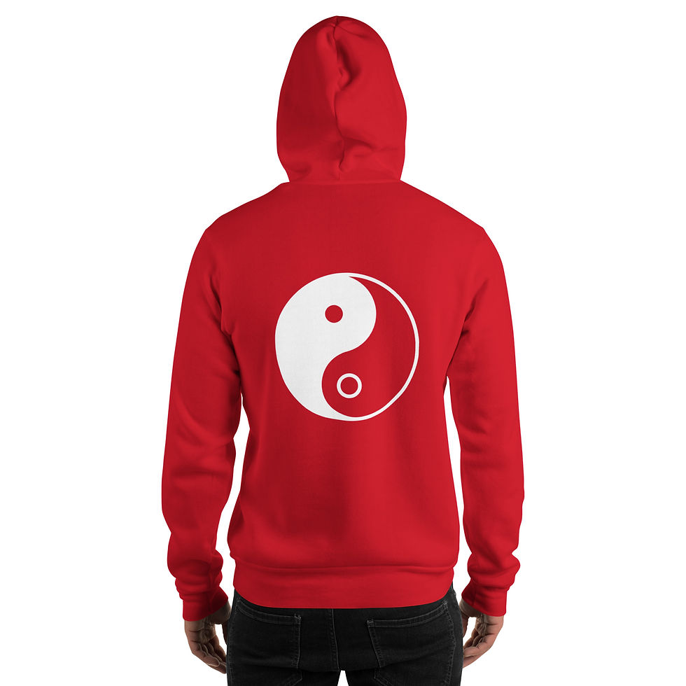 Thumbnail: Back view of the Abundance Follows Me unisex hoodie in red with a large yin yang symbol.