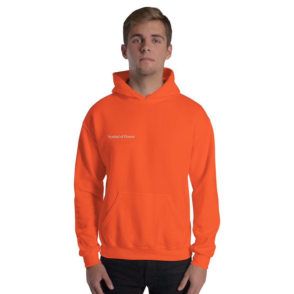 Thumbnail: Man wearing orange Abundance Follows Me unisex hoodie