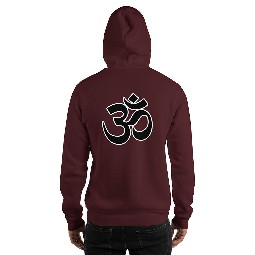 Thumbnail: Back of a maroon hoodie with a white and black Om symbol.