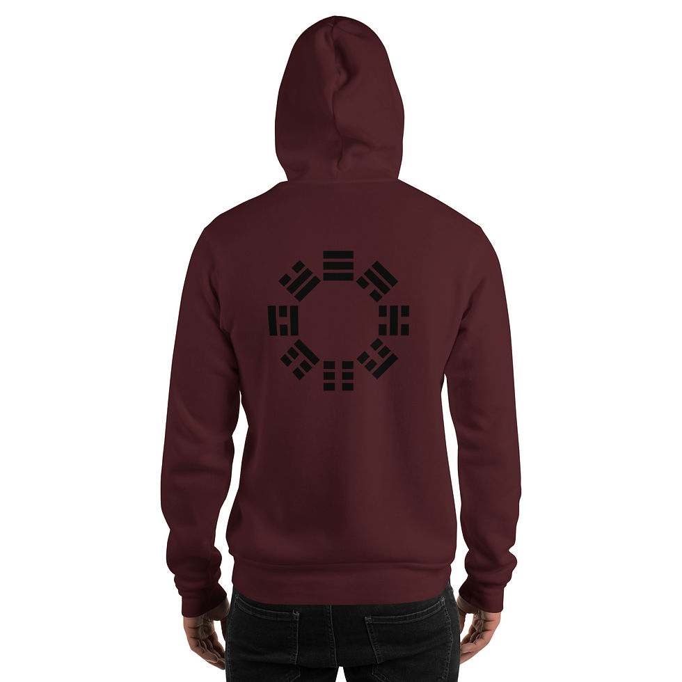 Thumbnail: Back of a maroon BAGUA hoodie with circular black text