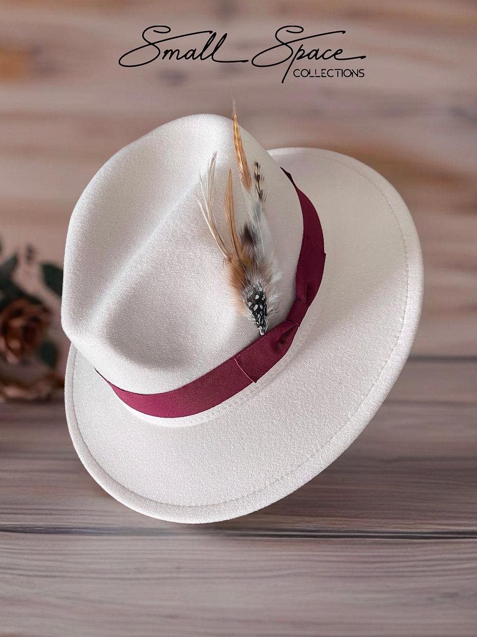 Thumbnail: Beige Wool Fedora Hat with Burgundy Band and Feather | Personalized