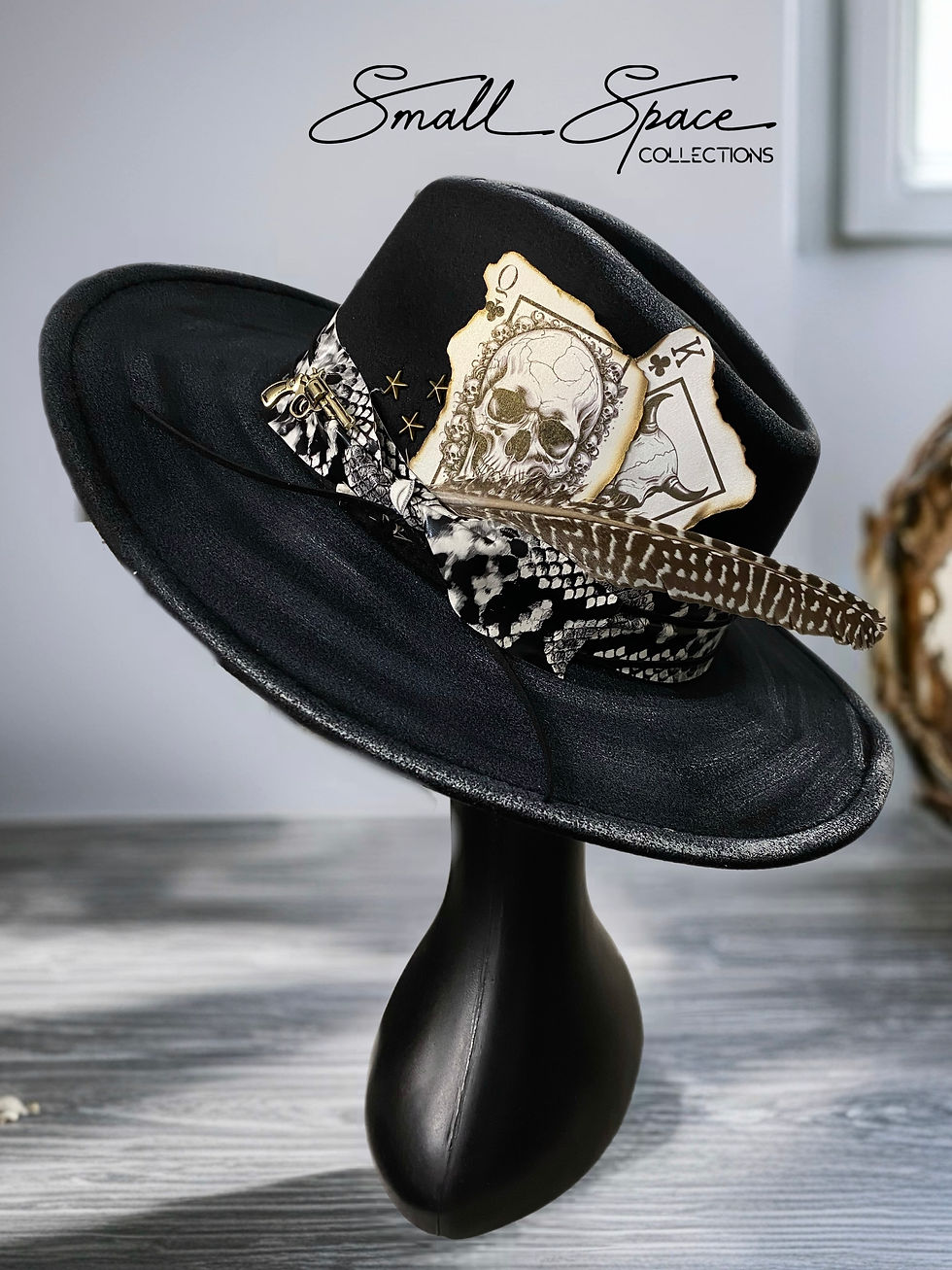 Thumbnail: HANDPAINTED BLACK COWBOY HAT WITH SKULL POKER CARDS, GUN PIN, AND FEATHERS 