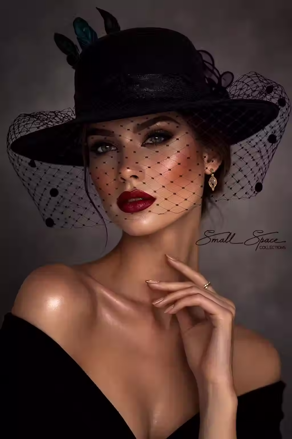 Black Wool Felt Wide Brim Bowler Hat: Net Veil & Floral Derby| Black Veil Hat