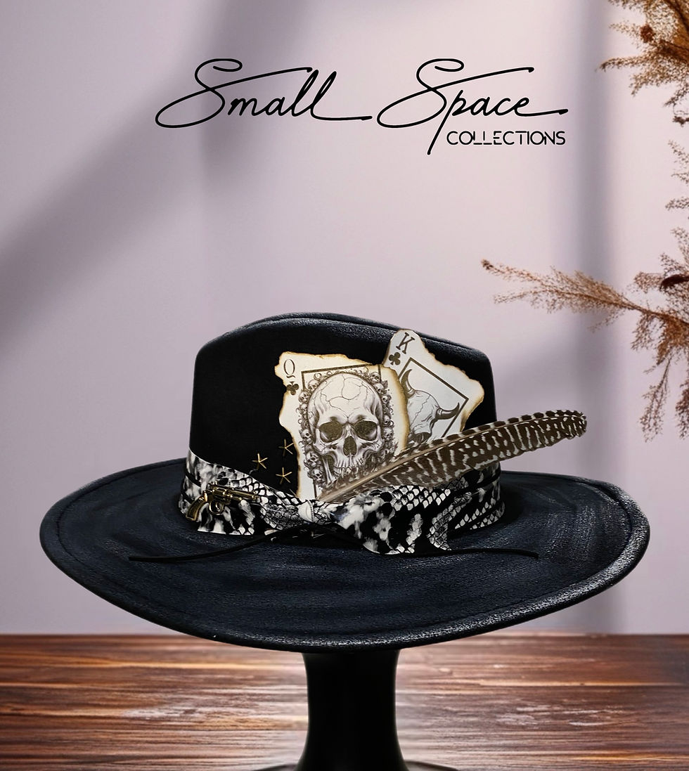 HANDPAINTED BLACK COWBOY HAT WITH SKULL POKER CARDS, GUN PIN, AND FEATHERS 