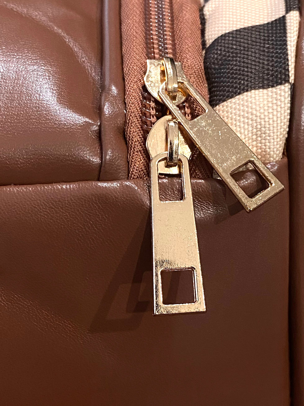 Thumbnail: Personalized Brown/Beige Checkered PU Leather Cosmetics Bag W/ PU Leather Patch