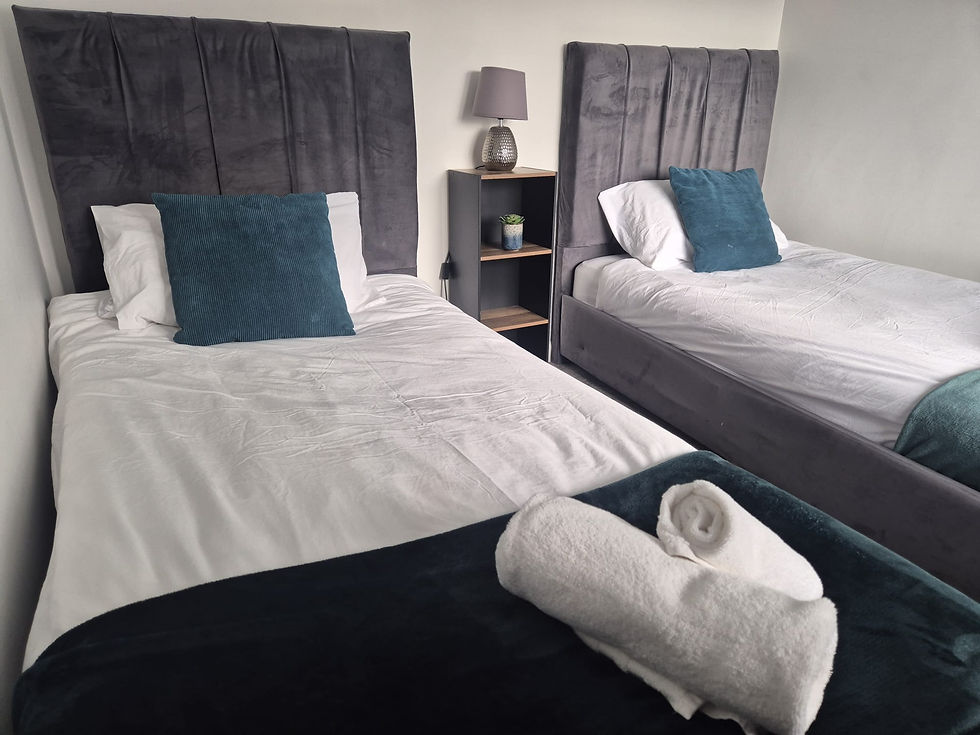 Twin bedroom at Loxdale with velvet headboards