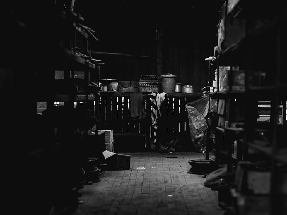 A dimly lit storage room with wooden floors and shelves lining both sides. Pots, containers, and household items sit at the far end of the room, illuminated by soft light filtering through gaps in the walls, while much of the space remains in deep shadow.