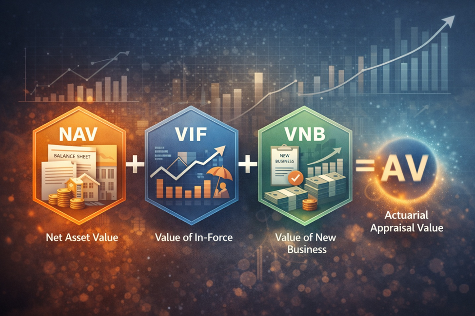 Understand how actuarial appraisal value is built from Net Asset Value, Value of In-Force, and Value of New Business, and what drives each component.