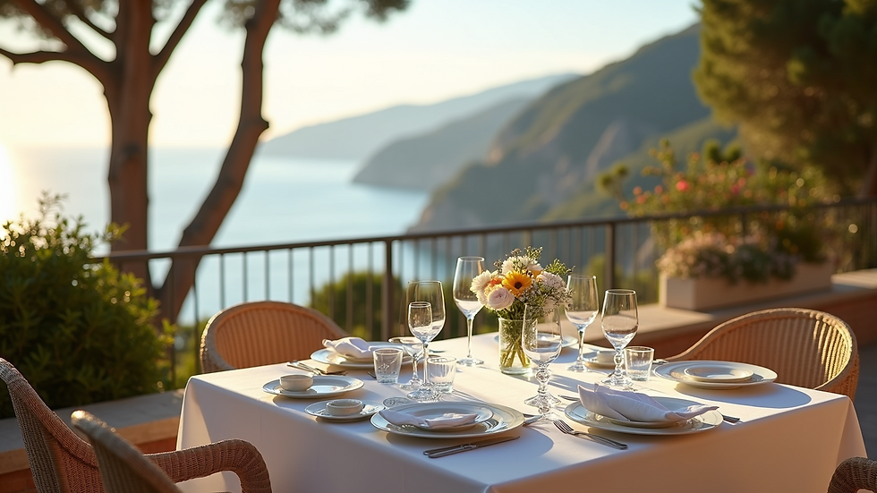 High angle view of elegant dining setup overlooking the French Riviera