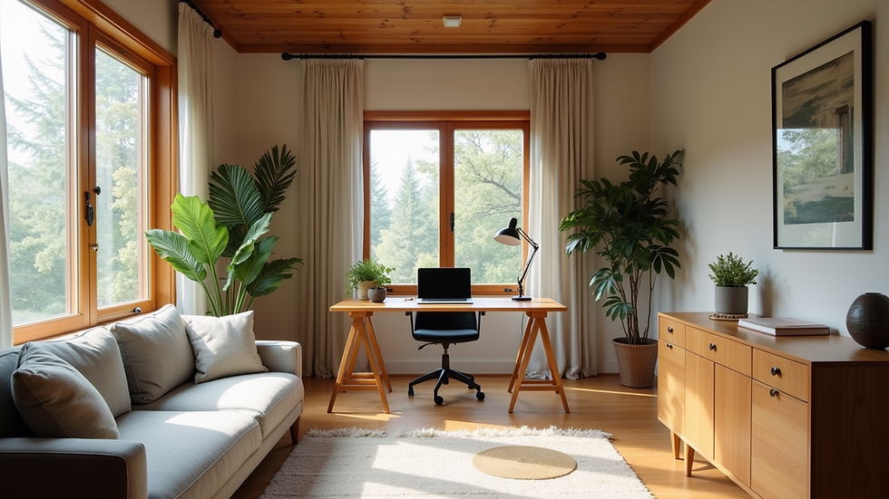 Wide angle view of a cozy 1-bedroom ADU with an office space