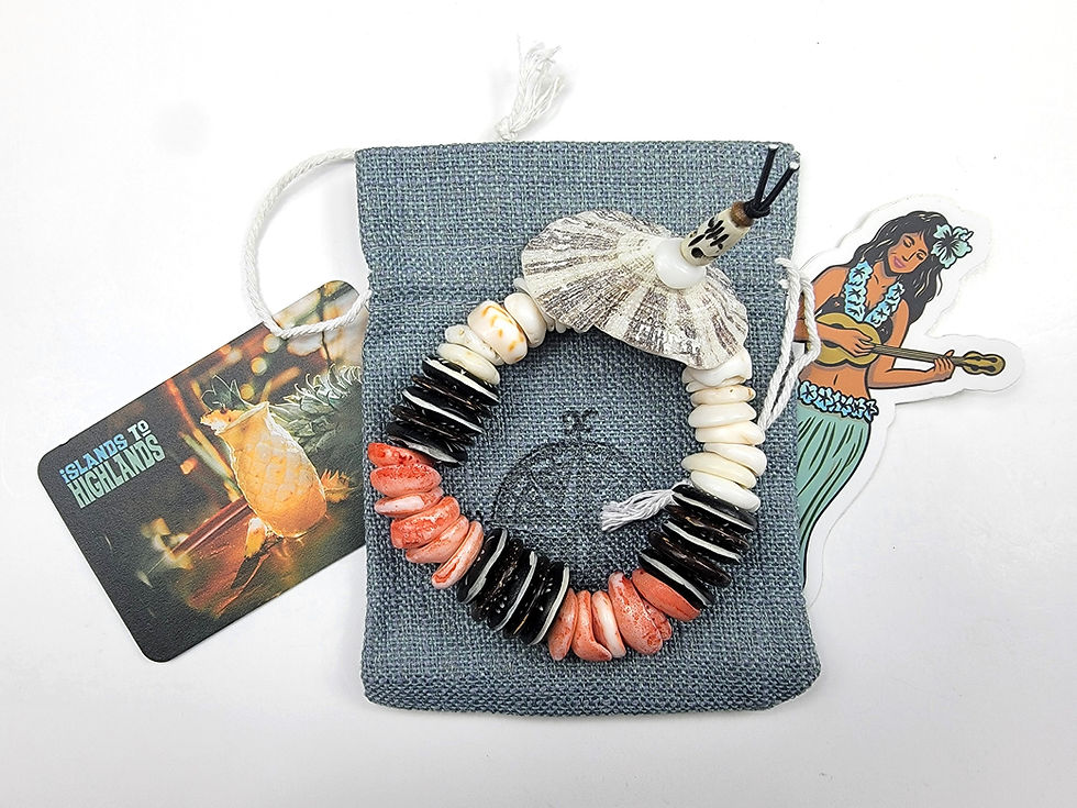 Thumbnail: Photograph of the Islands To Highlands The Royal Hawaiian Bracelet, bracelet bag and iH Hula Gal Decal.