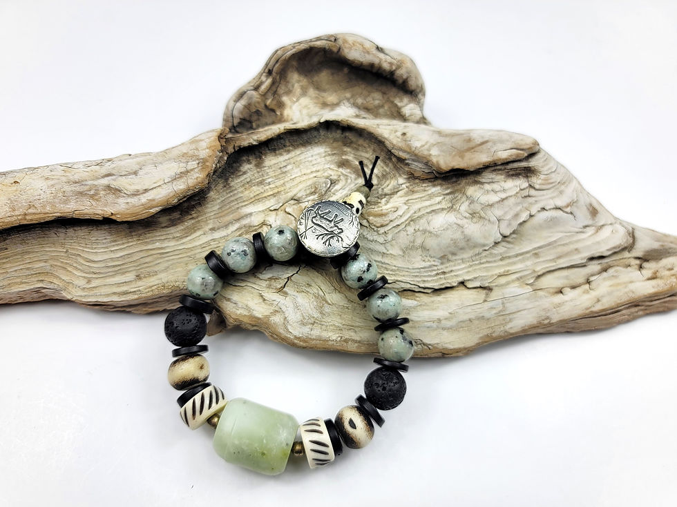 Thumbnail: Photograph of the Islands To Highlands Klugsleden Bracelet on driftwood.