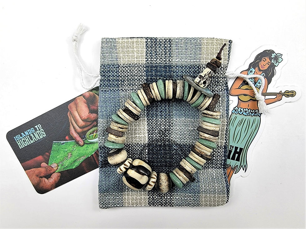 Thumbnail: Photograph of the Islands To Highlands Seven More Years In Tibet Bracelet, bracelet bag and iH Hula Gal Decal.