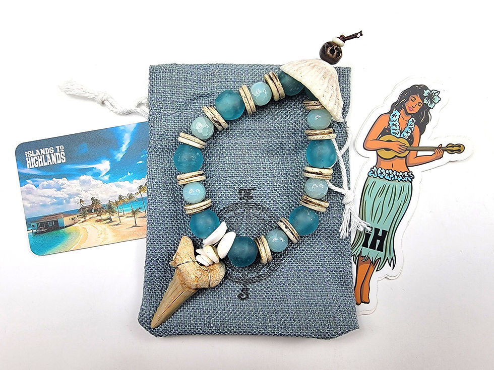 Thumbnail: Photograph of the Islands to Highlands Mighty Maldives Bracelet, iH Hula Gal Decal and bracelet bag.